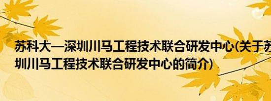 苏科大—深圳川马工程技术联合研发中心(关于苏科大—深圳川马工程技术联合研发中心的简介)