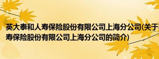 英大泰和人寿保险股份有限公司上海分公司(关于英大泰和人寿保险股份有限公司上海分公司的简介)