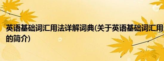 英语基础词汇用法详解词典(关于英语基础词汇用法详解词典的简介)