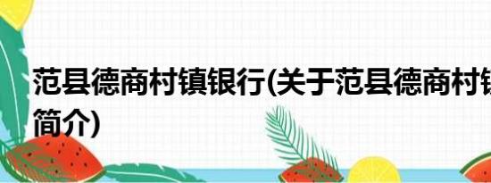 范县德商村镇银行(关于范县德商村镇银行的简介)