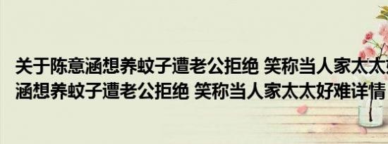 关于陈意涵想养蚊子遭老公拒绝 笑称当人家太太好难及陈意涵想养蚊子遭老公拒绝 笑称当人家太太好难详情