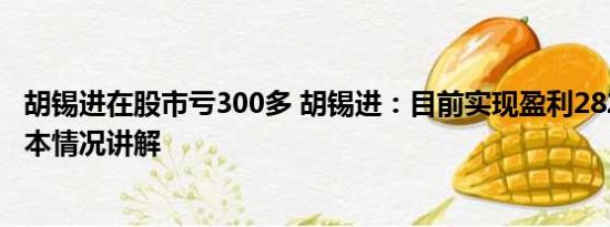 胡锡进在股市亏300多 胡锡进：目前实现盈利2829.17元 基本情况讲解