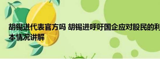 胡锡进代表官方吗 胡锡进呼吁国企应对股民的利益负责 基本情况讲解