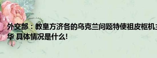 外交部：教皇方济各的乌克兰问题特使祖皮枢机主教即将来华 具体情况是什么!