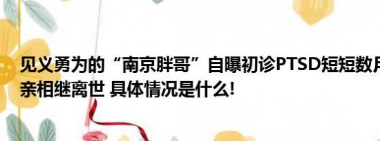 见义勇为的“南京胖哥”自曝初诊PTSD短短数月女儿、父亲相继离世 具体情况是什么!