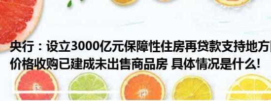 央行：设立3000亿元保障性住房再贷款支持地方国企以合理价格收购已建成未出售商品房 具体情况是什么!