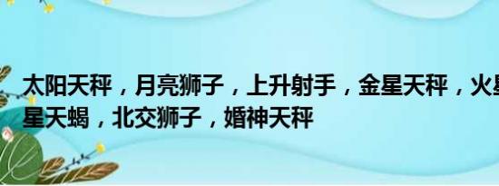 太阳天秤，月亮狮子，上升射手，金星天秤，火星处女，水星天蝎，北交狮子，婚神天秤