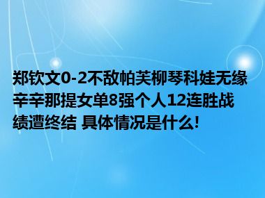 郑钦文0-2不敌帕芙柳琴科娃无缘辛辛那提女单8强个人12连胜战绩遭终结 具体情况是什么!